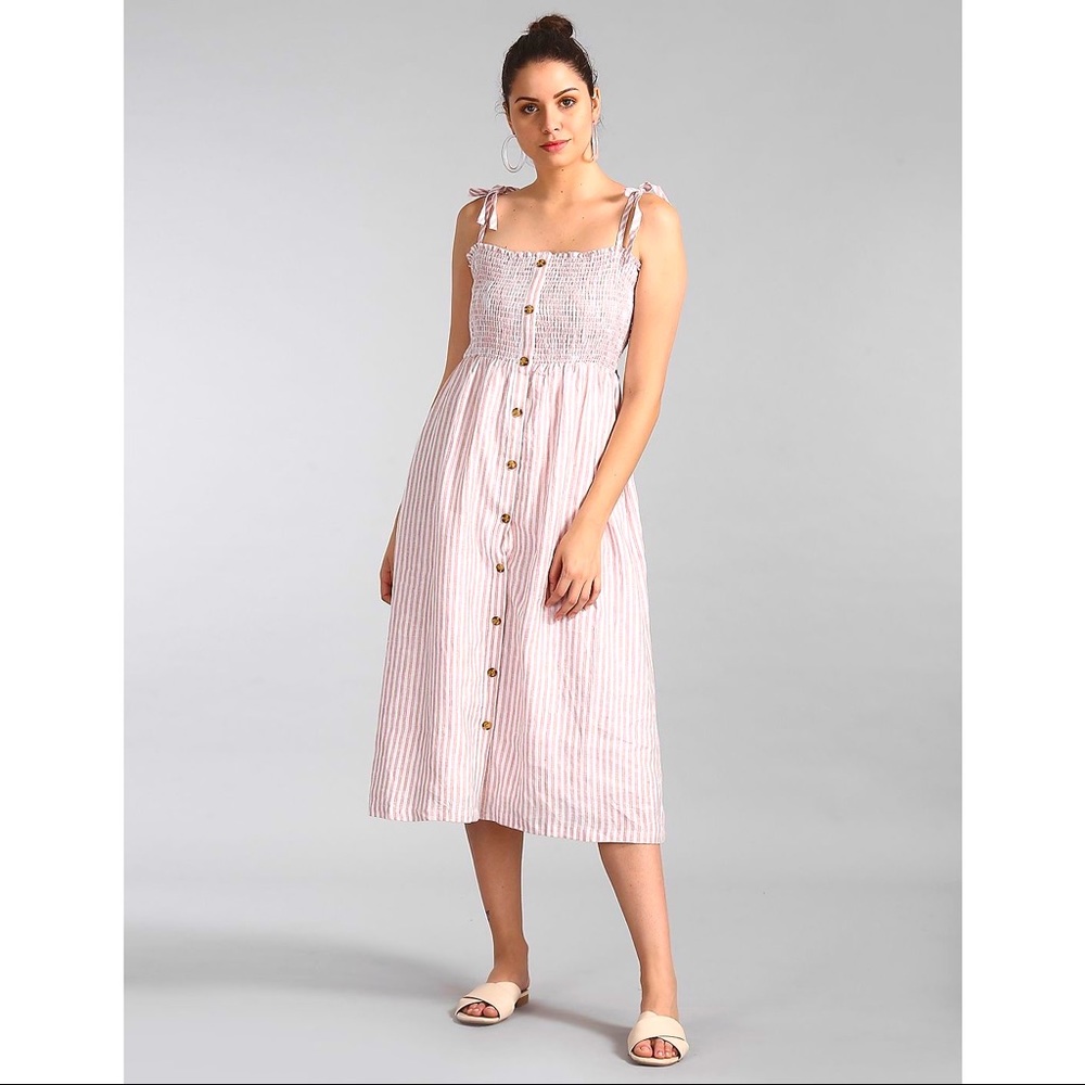 Gap linen smocked midi striped strap tank dress